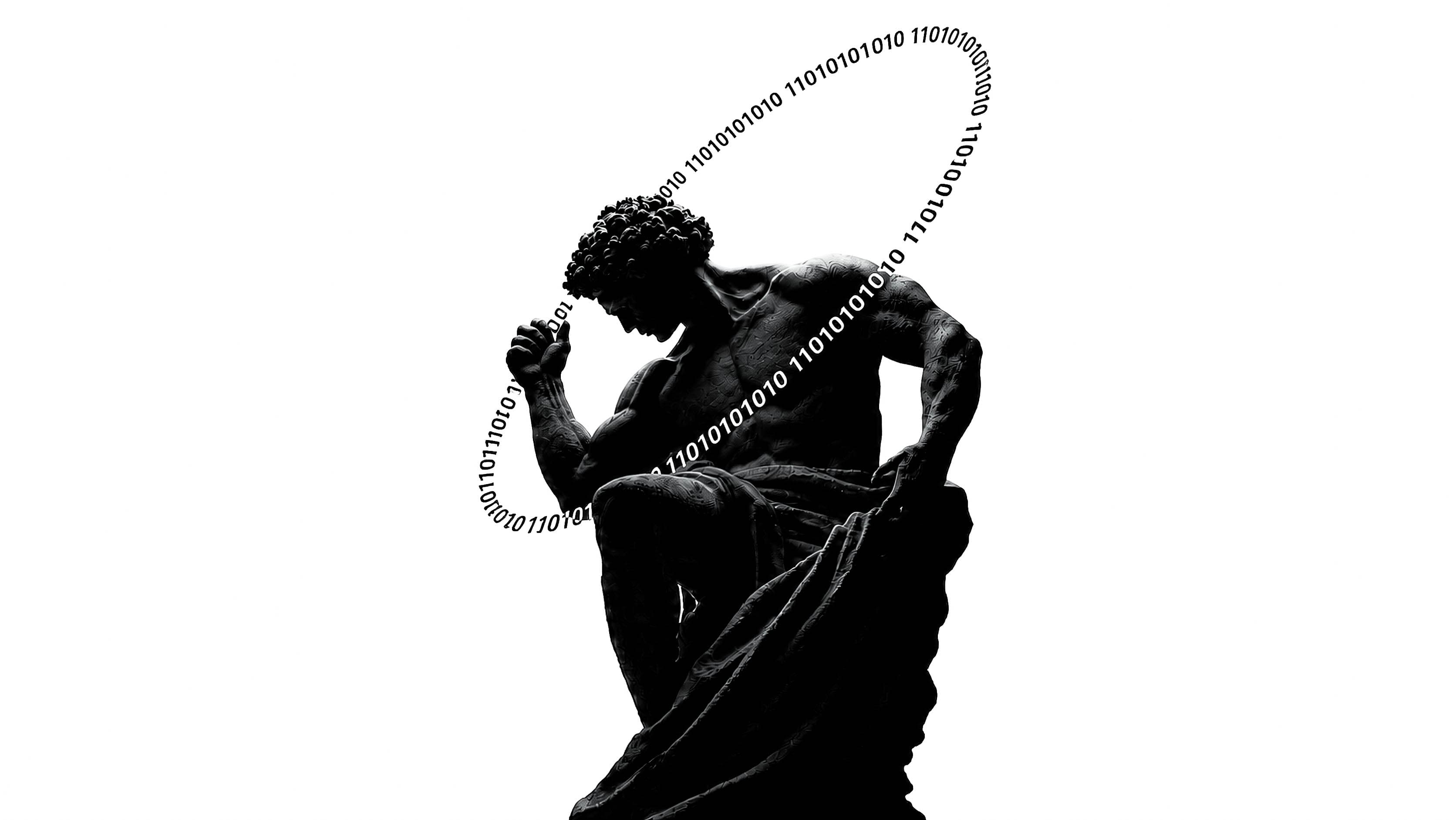 Dualmind Agency — classical statue overlaid with binary code, symbolising AI lead capture system